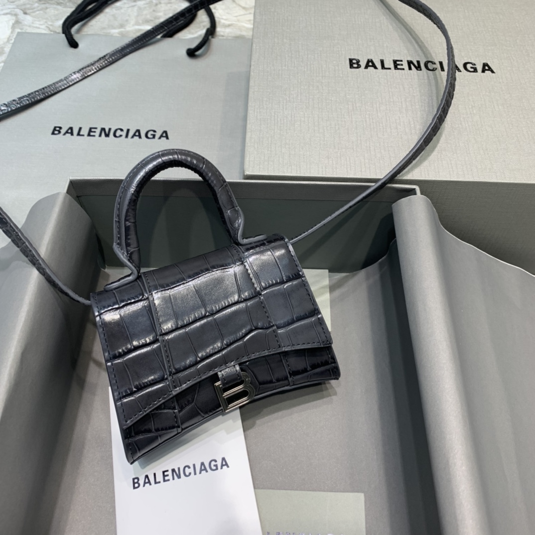 Balenciaga Hourglass Mini Handbag Crocodile Embossed Shoulder Bag Black